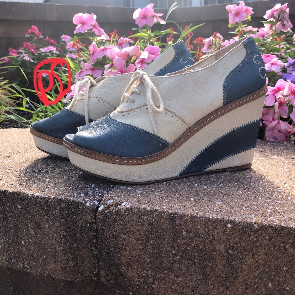 Anthropologie Blue and Cream Platform Shoes